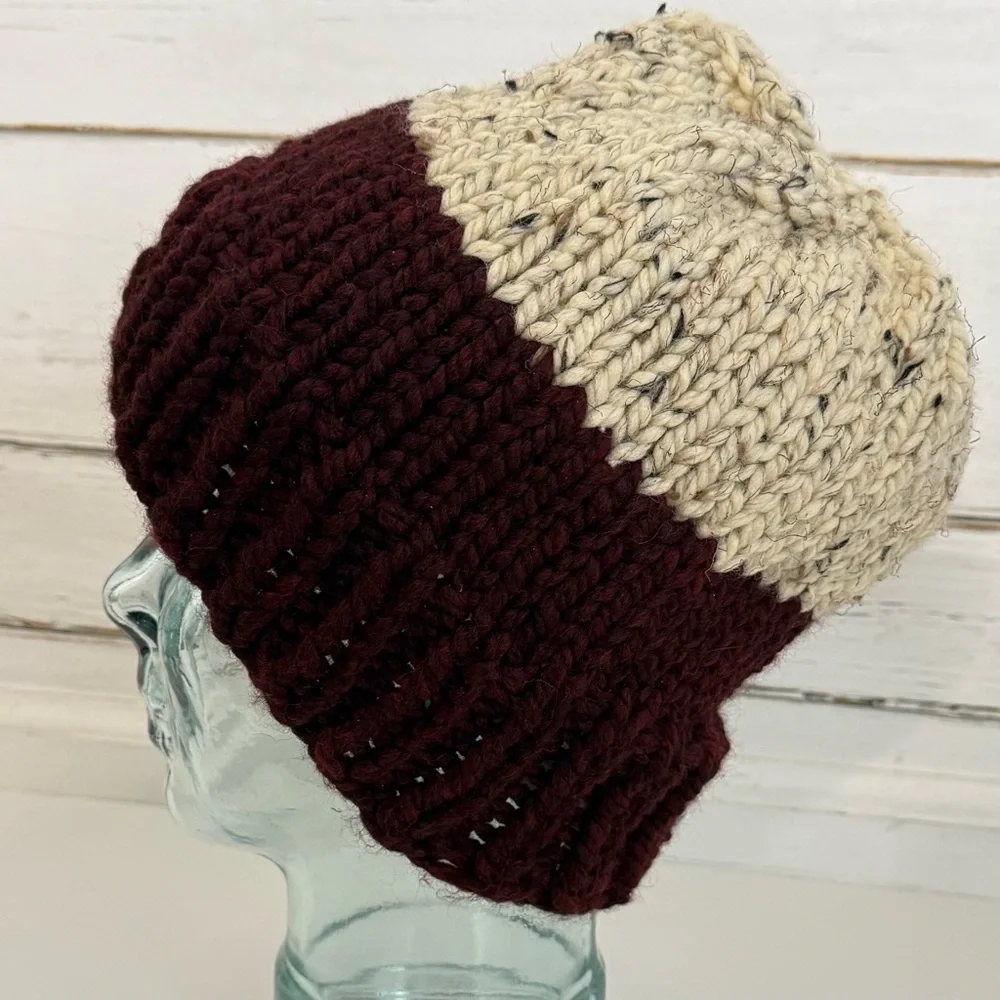 Handmade Two-Tone Knit Beanie – Burgundy & Cream